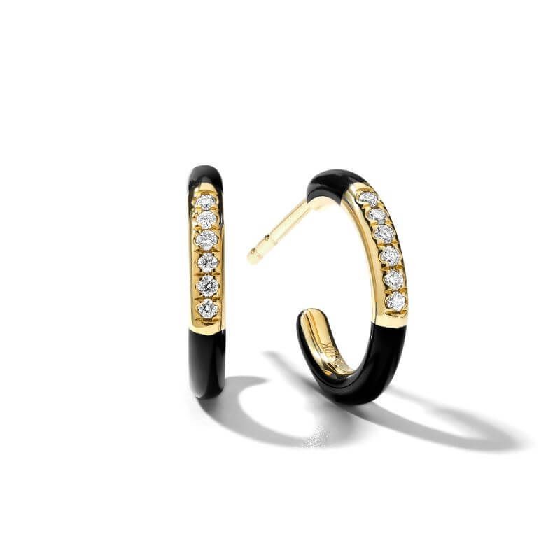 18k Yellow Gold Black Ceramic Diamond Huggie Earrings
