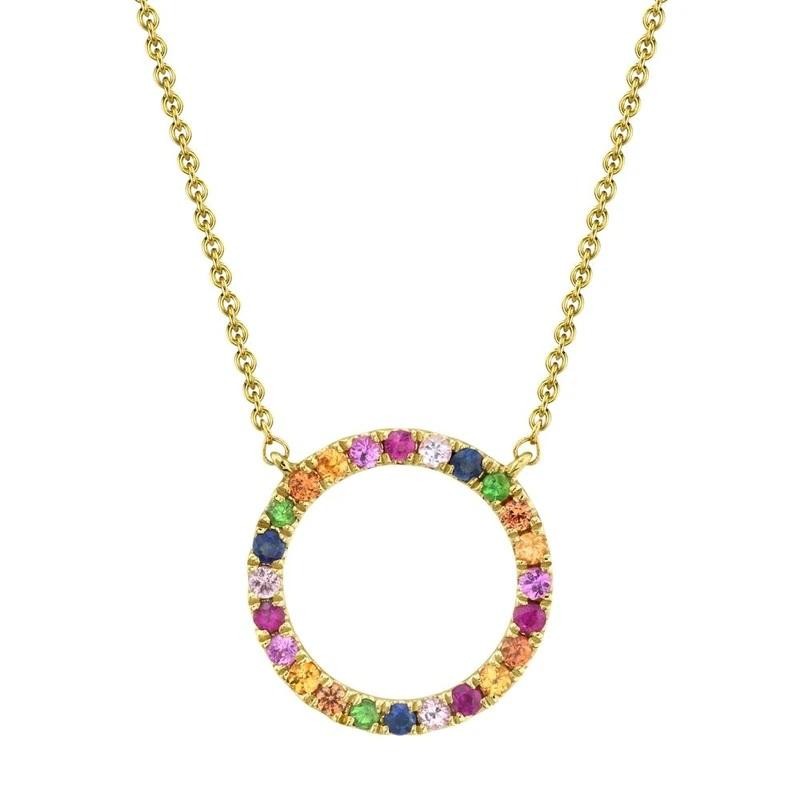 14k Yellow Gold Multi Color Circle Necklace