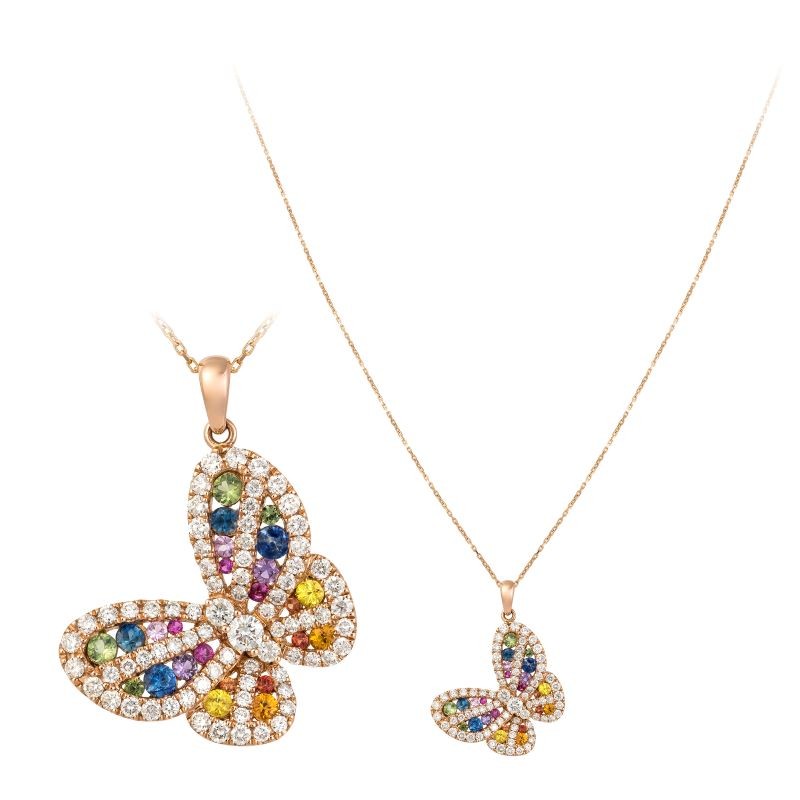 18k Rose Gold Rainbow Sapphire Butterfly Necklace
