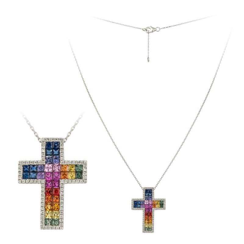 18k Rose Gold Rainbow Sapphire Cross Necklace