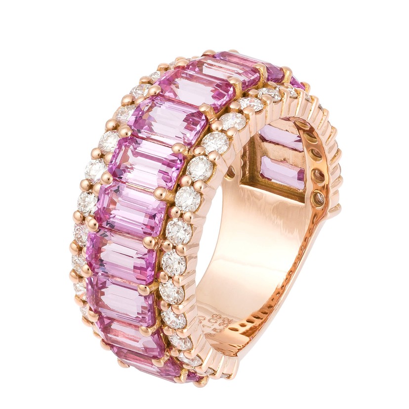 18k Rose Gold 3 Row Pink Sapphire Diamond Ring