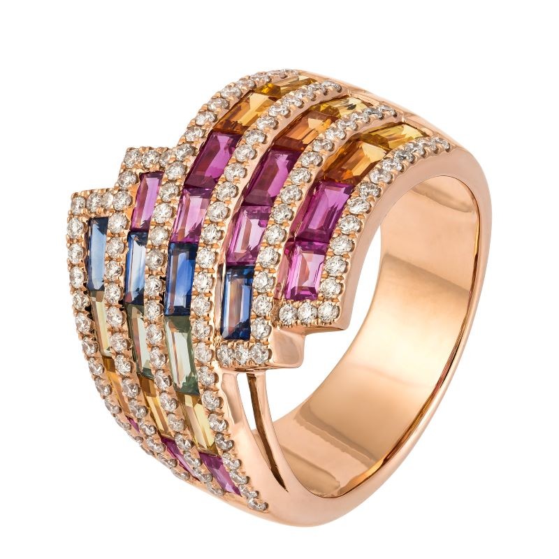 18k Rose Gold Rainbow Ruby Diamond Ring