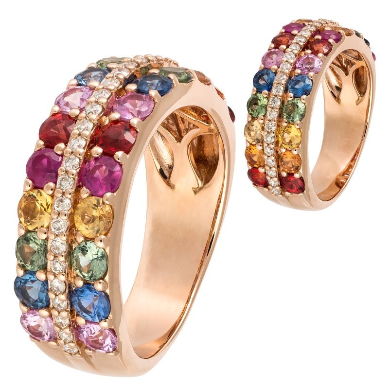 18k Rose Gold Rainbow Sapphire Diamond Ring