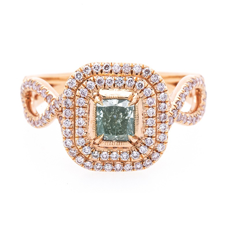  Green & Pink Diamond Double Halo Ring