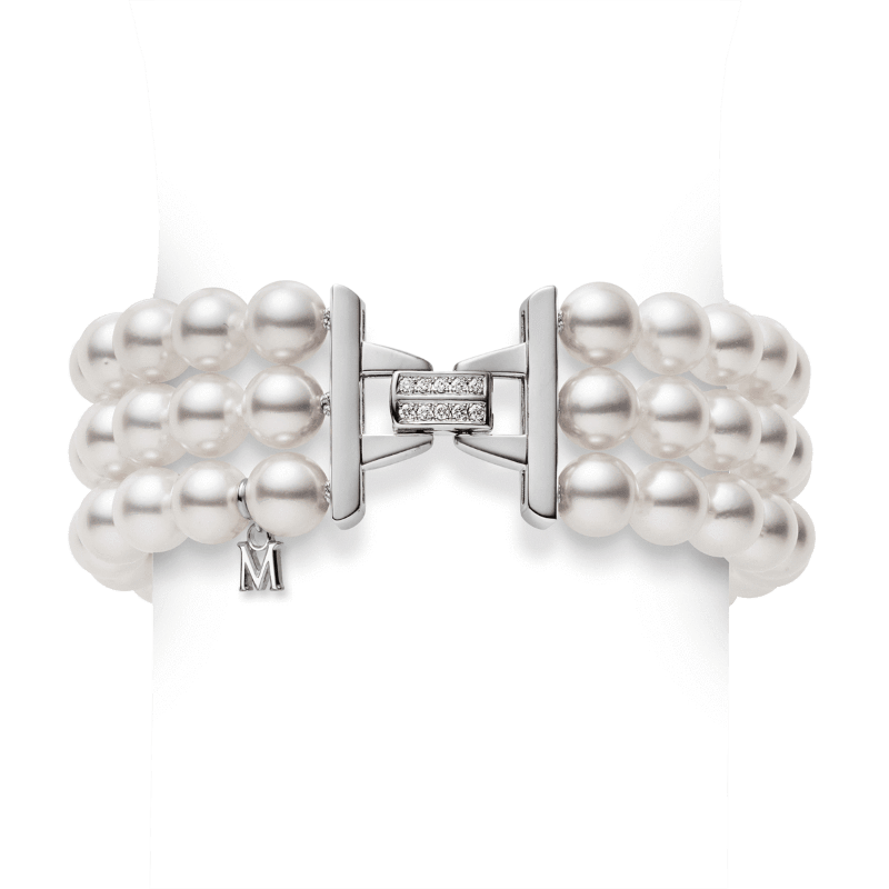 18k White Gold Triple Strand Akoya Pearl Diamond Bracelet