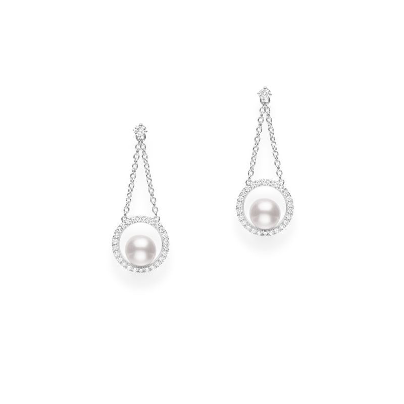 18k White Gold Akoya Pearl Diamond Dangle Earrings