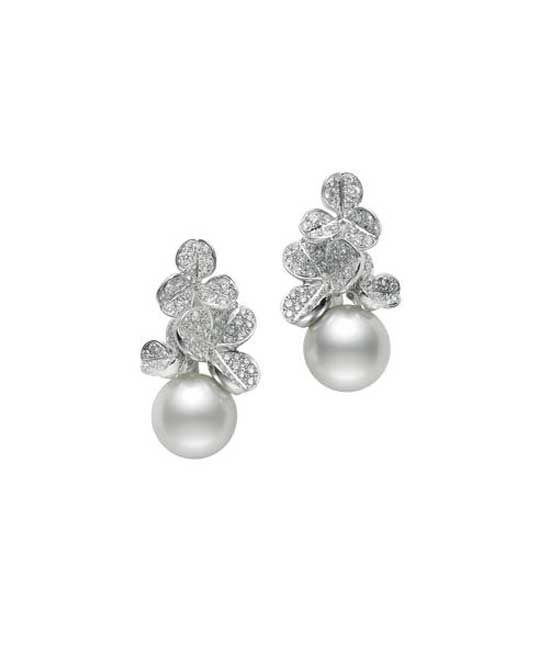 18k White Gold South Sea Pearl Diamond Leaf Earrings