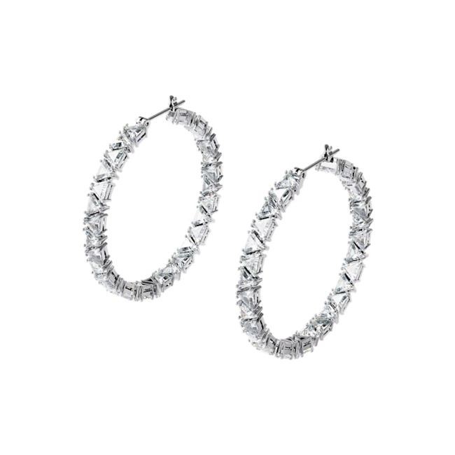 Silver Rhodium Plated Clear Triangle Crystal Hoop Earrings