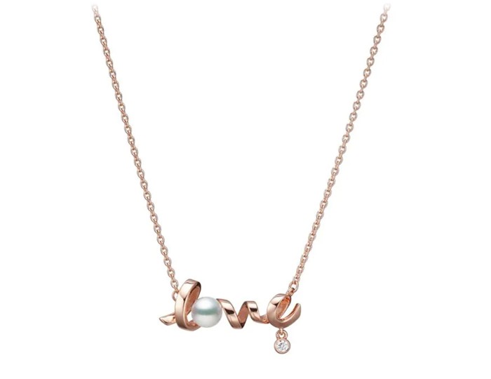 18k Rose Gold A Diamond Pearl Love Necklace