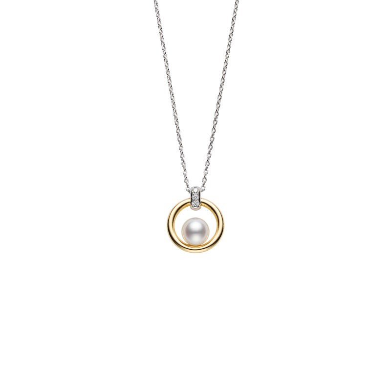 18k Two Tone Akoya Pearl Open Circle Necklace