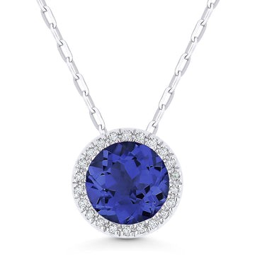 14k White Gold Round Blue Corundum Pave Diamond Necklace