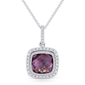 14k White Gold Raised Cushion Amethyst Diamond Pave Necklace