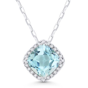 14k White Gold Cushion Blue Topaz Pave Diamond Frame Necklace