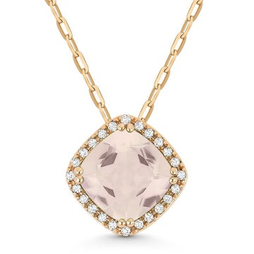 14k Rose Gold Cushion Created Morganite Pave Diamond Necklace