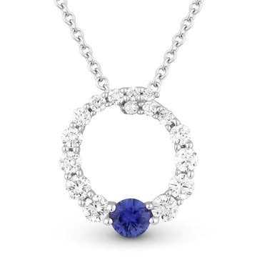 14k White Gold Round Sapphire Diamond Circle Necklace