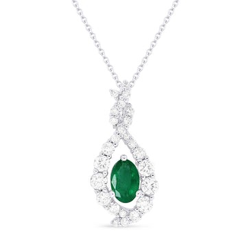 14k White Gold Twisted Teardrop Oval Emerald Necklace