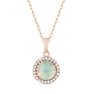 14k Rose Gold Round Opal Diamond Pave Frame Necklace