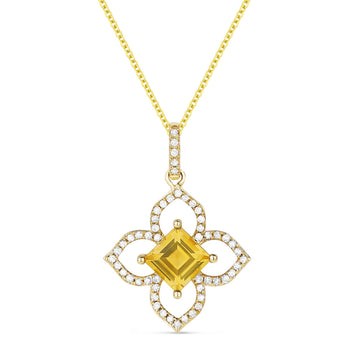 14k Yellow Gold Square Citrine Pave Diamond Flower Necklace
