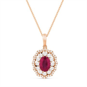 14k Rose Gold Oval Ruby Diamond Scallop Necklace