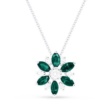 14k White Gold Diamond Emerald Flower Necklace