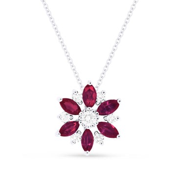 14k White Gold Diamond and Ruby Flower Necklace