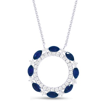 14k White Gold Pave Diamond Sapphire Circle Necklace