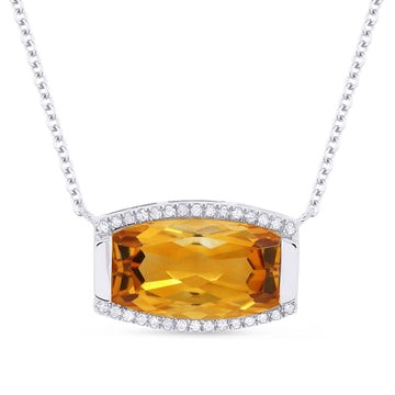 14k White Gold Citrine Curved Shape Diamond Frame Necklace