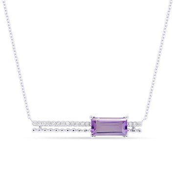 14k White Gold 2 Row Pave Diamond Amethyst Rectangle Necklace