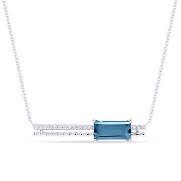 14k White Gold Two Row Pave Diamond Blue Topaz Rectangle Necklace
