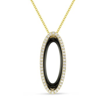 14k Yellow Gold Pave Diamond Oval Black Onyx Necklace
