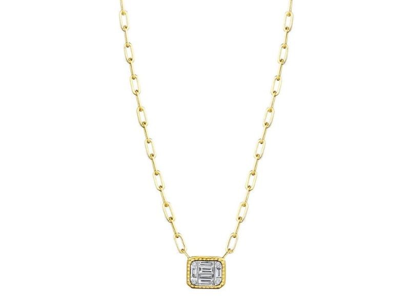 18k Yellow Gold Illusion Emerald Cut Diamond Necklace