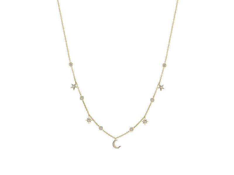 18k Yellow Gold Hanging Moon and Star Necklace