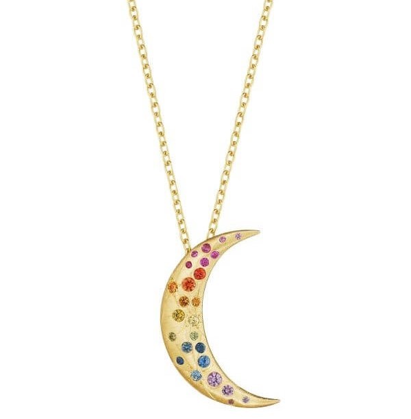 18k Yellow Gold Rainbow Sapphire Galaxy Moon Necklace