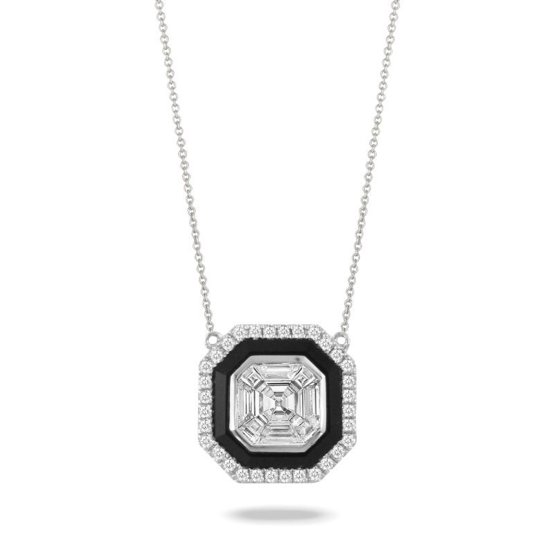 18k White Gold Mosaic Octagon Onyx Diamond Necklace