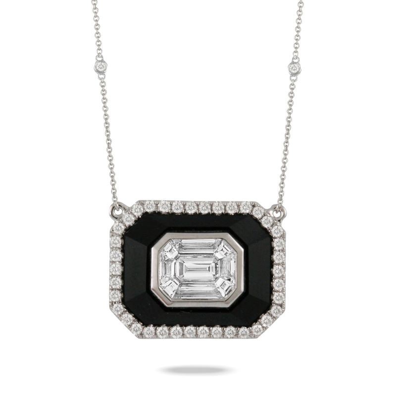 18k White Gold Mosaic Octagon Diamond Onyx Necklace