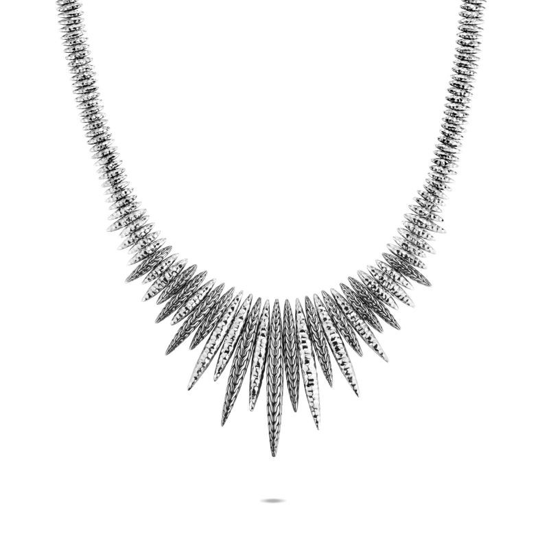 Silver Classic Chain Hammered Spear Bib Necklace