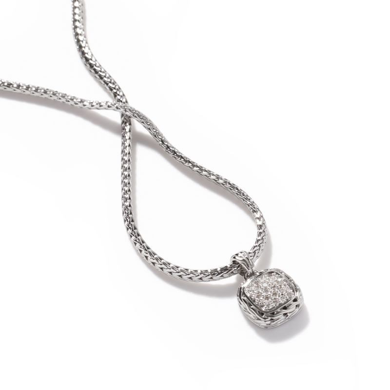 Silver Classic Small Square Diamond Drop Necklace