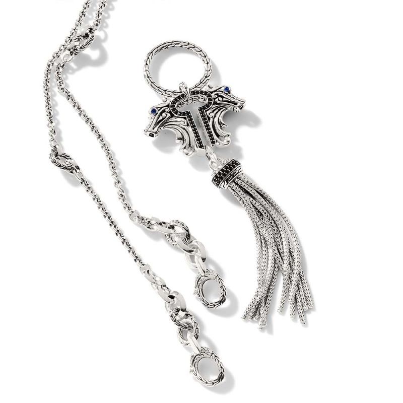Silver Naga Black Sapphire Double Dragon Tassel Necklace