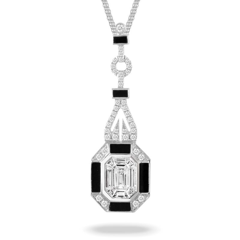 18k White Gold Mosaic Octagon Onyx Scroll Necklace
