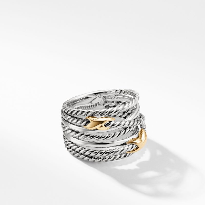 Silver and 18k Yellow Gold 7 Row Crossover X Ring