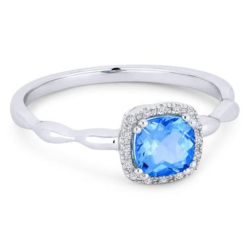 14k White Gold Cushion Blue Topaz Diamond Frame Ring