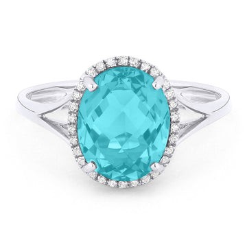 14k White Gold Oval Blue Topaz Diamond Frame Ring