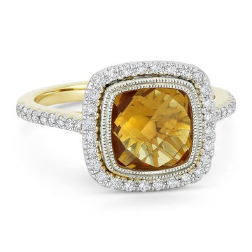 14k Yellow Gold Cushion Citrine Pave Diamond Frame Ring