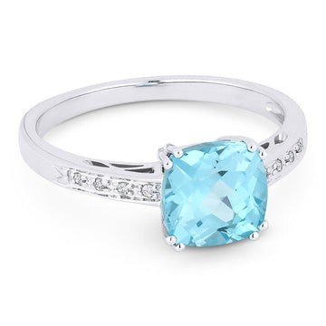 14k White Gold Cushion Blue Topaz Diamond Ring