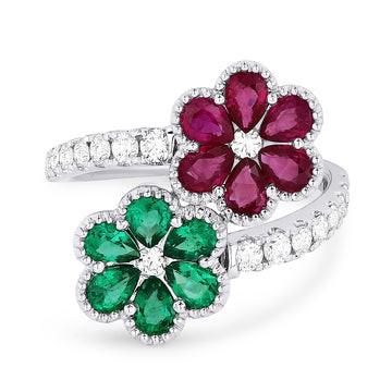 18k White Gold Ruby and Emerald Double Flower Ring