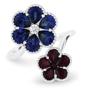 18k White Gold Double Sapphire Ruby Flower Bypass Ring
