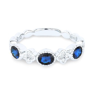 14k White Gold Diamond Clover Sapphire Ring