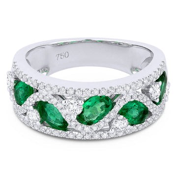 14k White Gold Wide 3 Row Emerald Diamond Ring