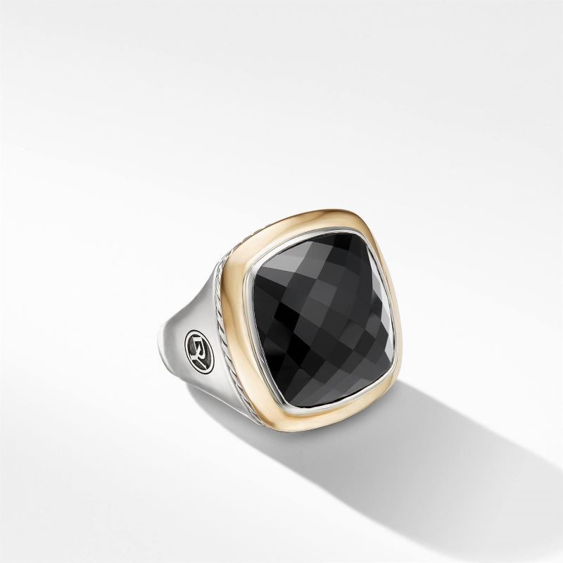 Silver and 18k Yellow Gold Onyx Cable Frame Ring