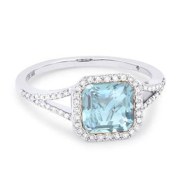 14k White Gold Cushion Blue Topaz Pave Diamond Ring